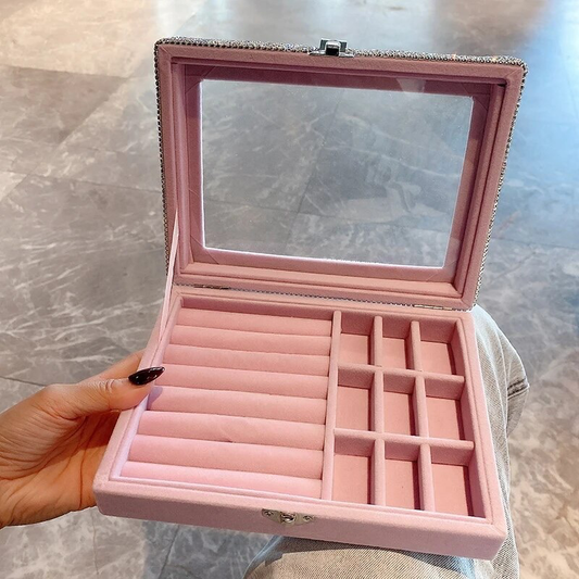 Pink Bling Shiny Diamond Jewelry Storage Box Display 10 Grid Desktop Large Capacity Tray Necklace Ring Earring Organizer With Lid Dustproof