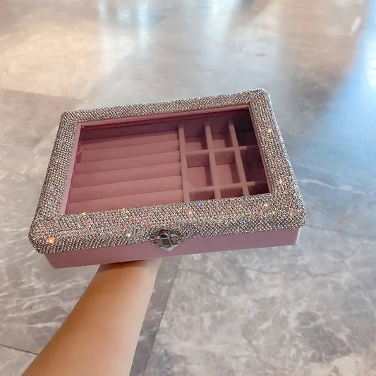 Pink Bling Shiny Diamond Jewelry Storage Box Display 10 Grid Desktop Large Capacity Tray Necklace Ring Earring Organizer With Lid Dustproof