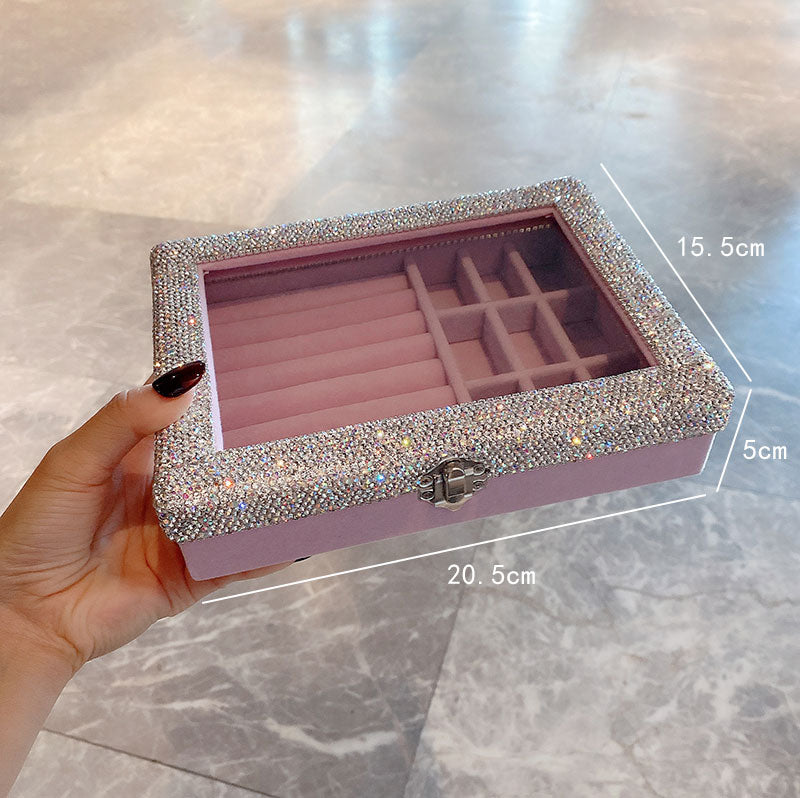 Pink Bling Shiny Diamond Jewelry Storage Box Display 10 Grid Desktop Large Capacity Tray Necklace Ring Earring Organizer With Lid Dustproof