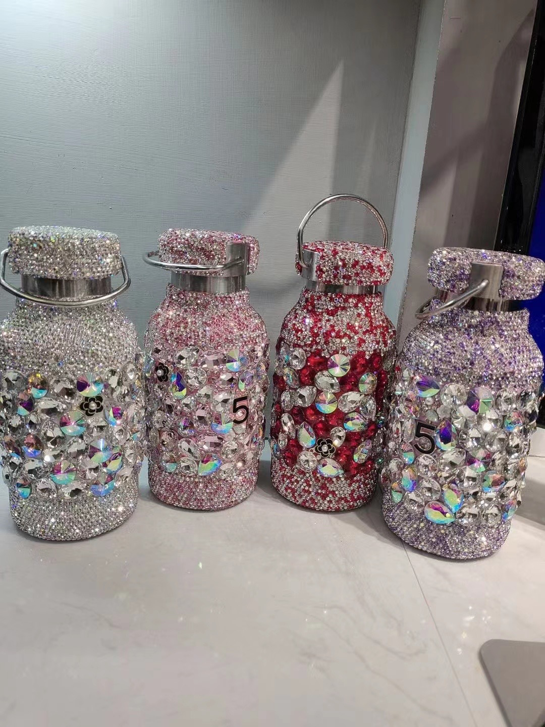 Bling Crystal Reusable Stainless Steel Water Bottle Tumbler in Pink, Purple, White, Red