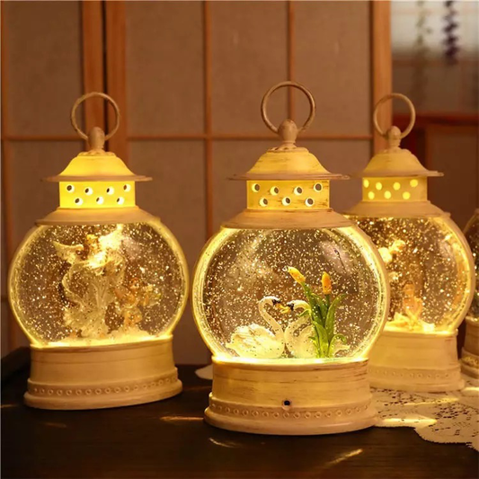 Classy Snow Globe Lantern Festive Falling Snow Light Up Lantern with Figure Swan