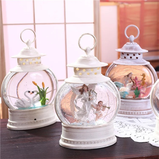 Classy Snow Globe Lantern Festive Falling Snow Light Up Lantern with Figure Swan