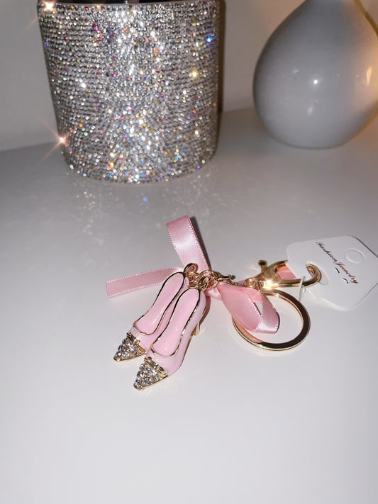 Bling Rhinestone Adorable Ribbon Bow High Heel Slipper Car Key Pendant Accessory