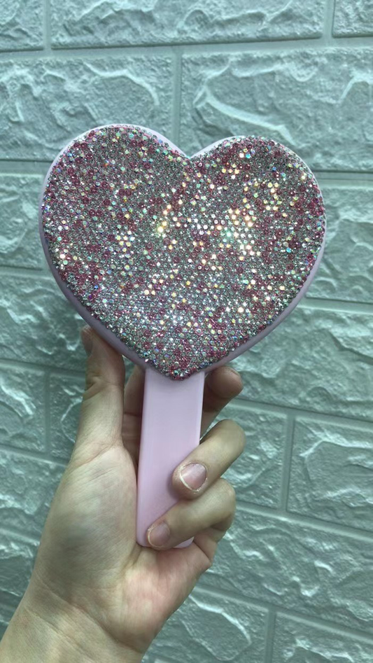 Bling Handheld Rhinestone Diamond Heart Shaped Mirror