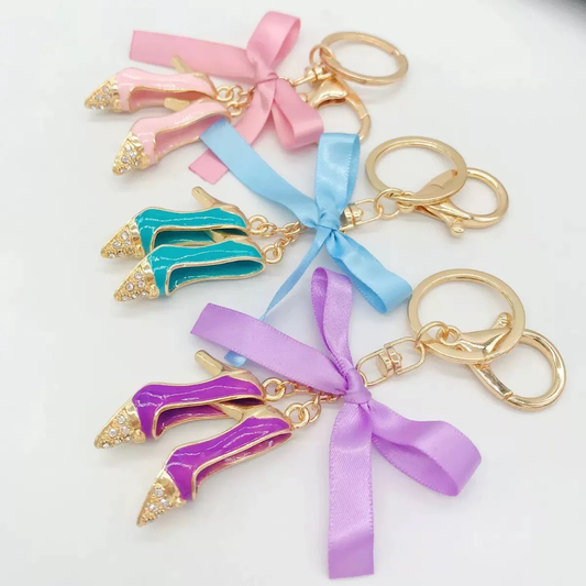 Bling Rhinestone Adorable Ribbon Bow High Heel Slipper Car Key Pendant Accessory
