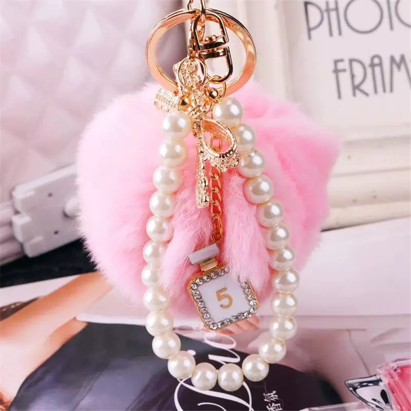 1PC Fluffy Pompom Key chains PU Leather Bow Key ring Fashion Women Handbag  Pendant Car Key Holder Accessory