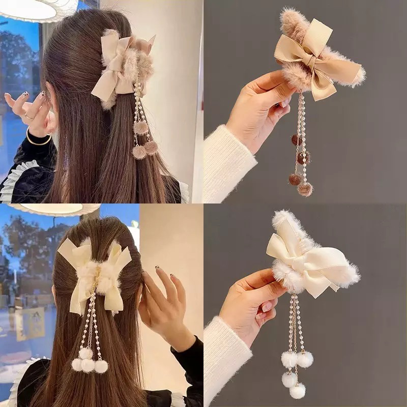 Plush Claw Bow Tassel Hairpin Claw Clip Hair Clip
