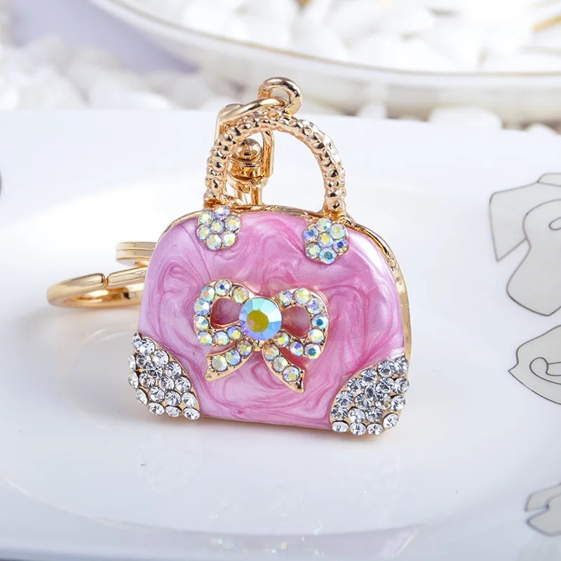 Bling Cute Pink Bow Marble Bag Purse Rhinestone Keychain Keyring for Car Key