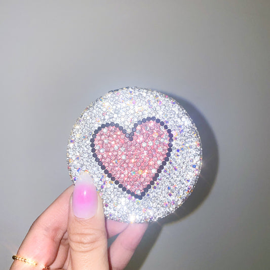 Bling Rhinestone Hand Held Travel Portable Mirror with Heart