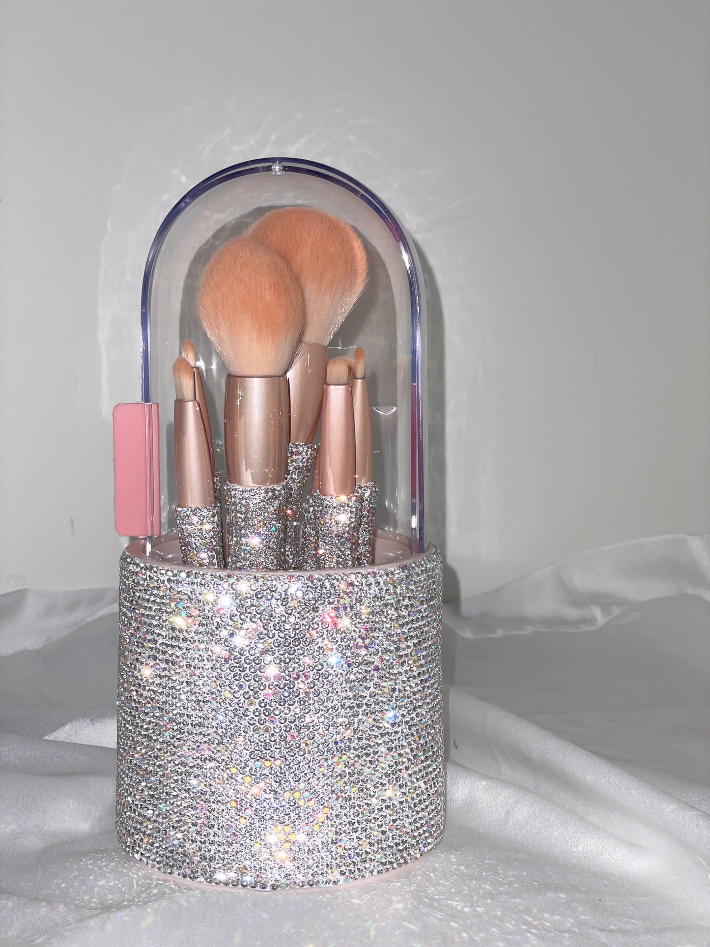 Bling Makeup Brush Holder with Lid Cap & Pearls