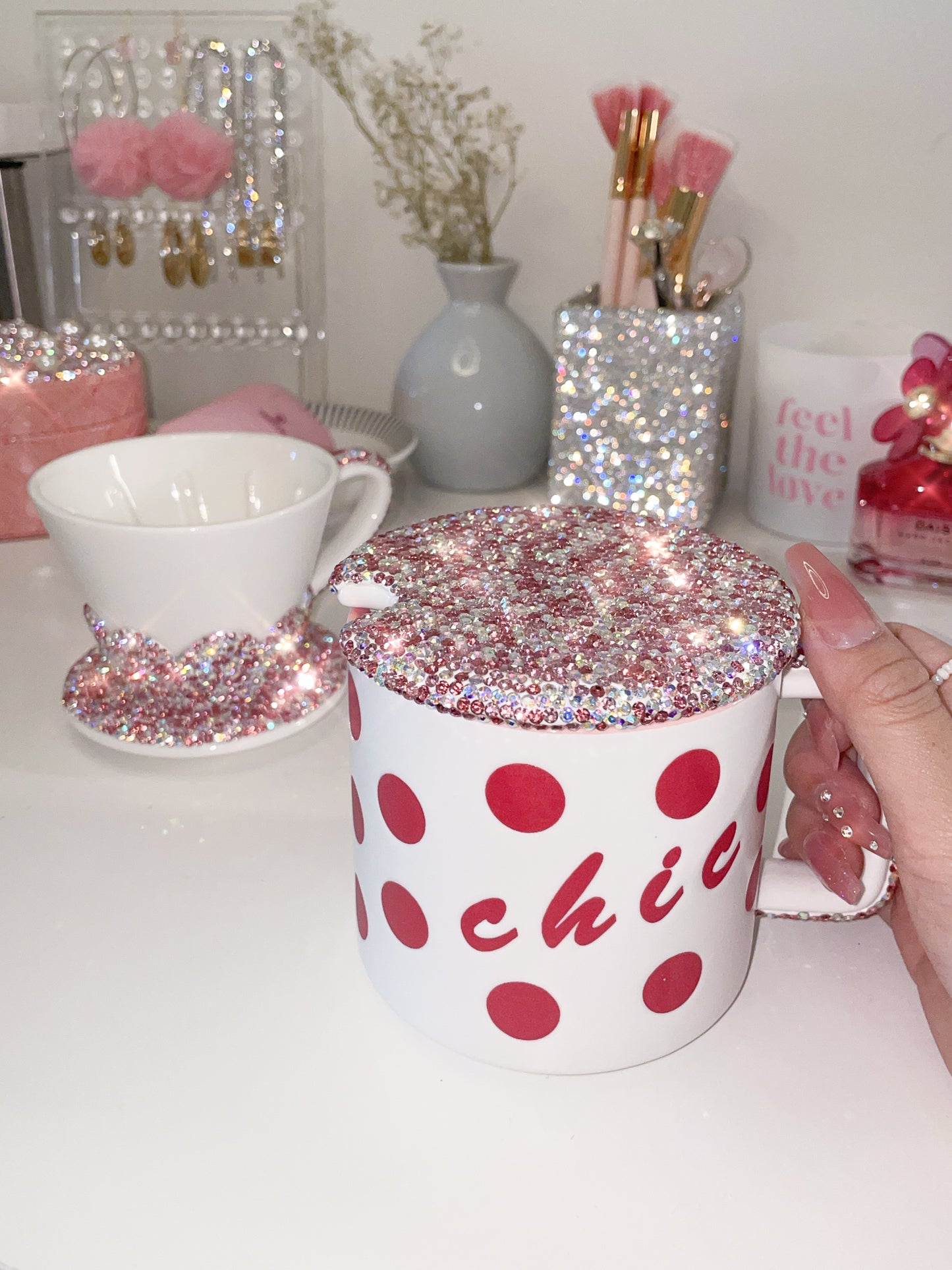 Bling Tea Cup, Water Mug with Lid Chic Polka Dot