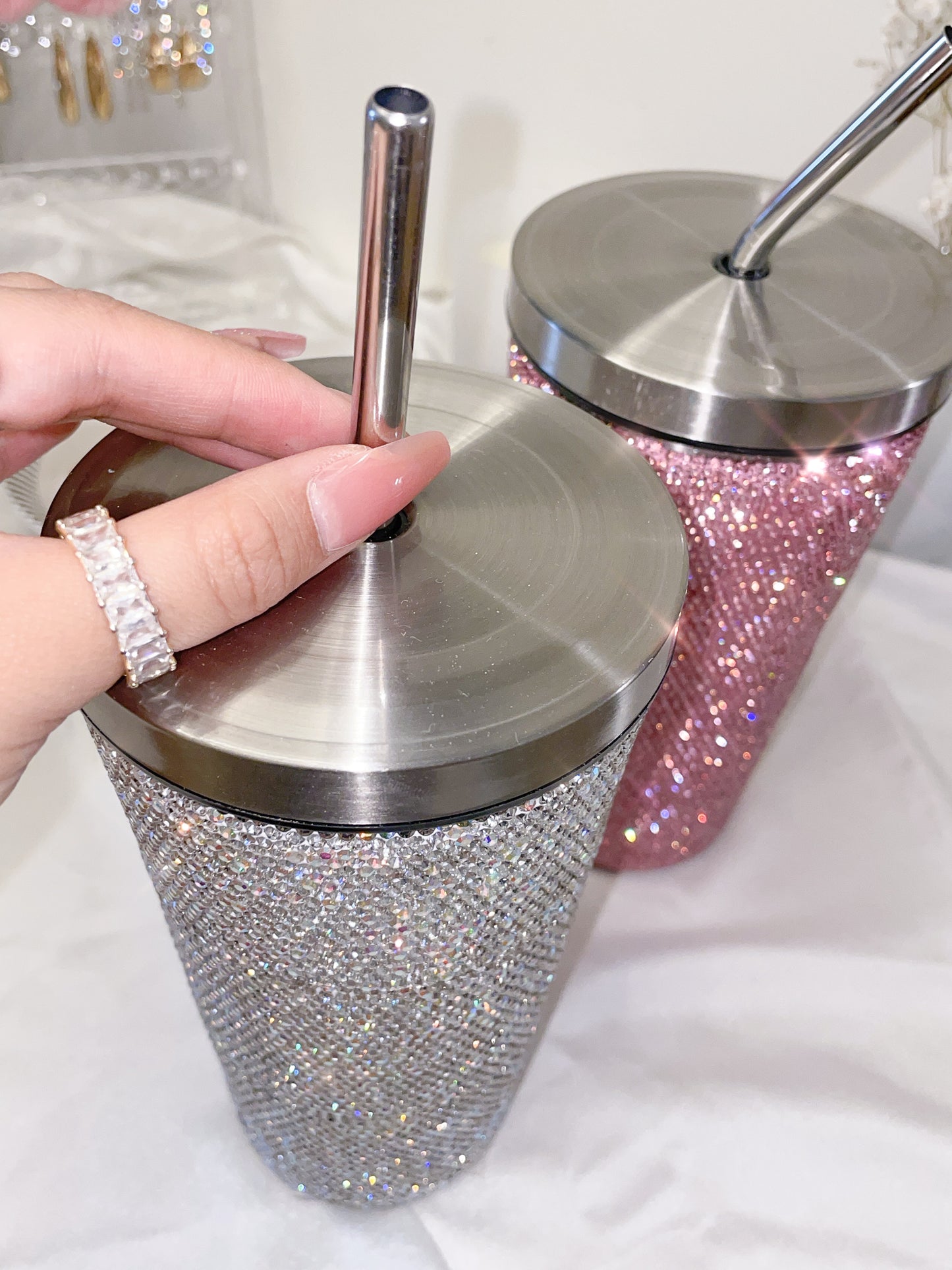 Pink and White Bling 15 oz Reusable Insulated Water Bottle Tumbler Mug with Steel Straw