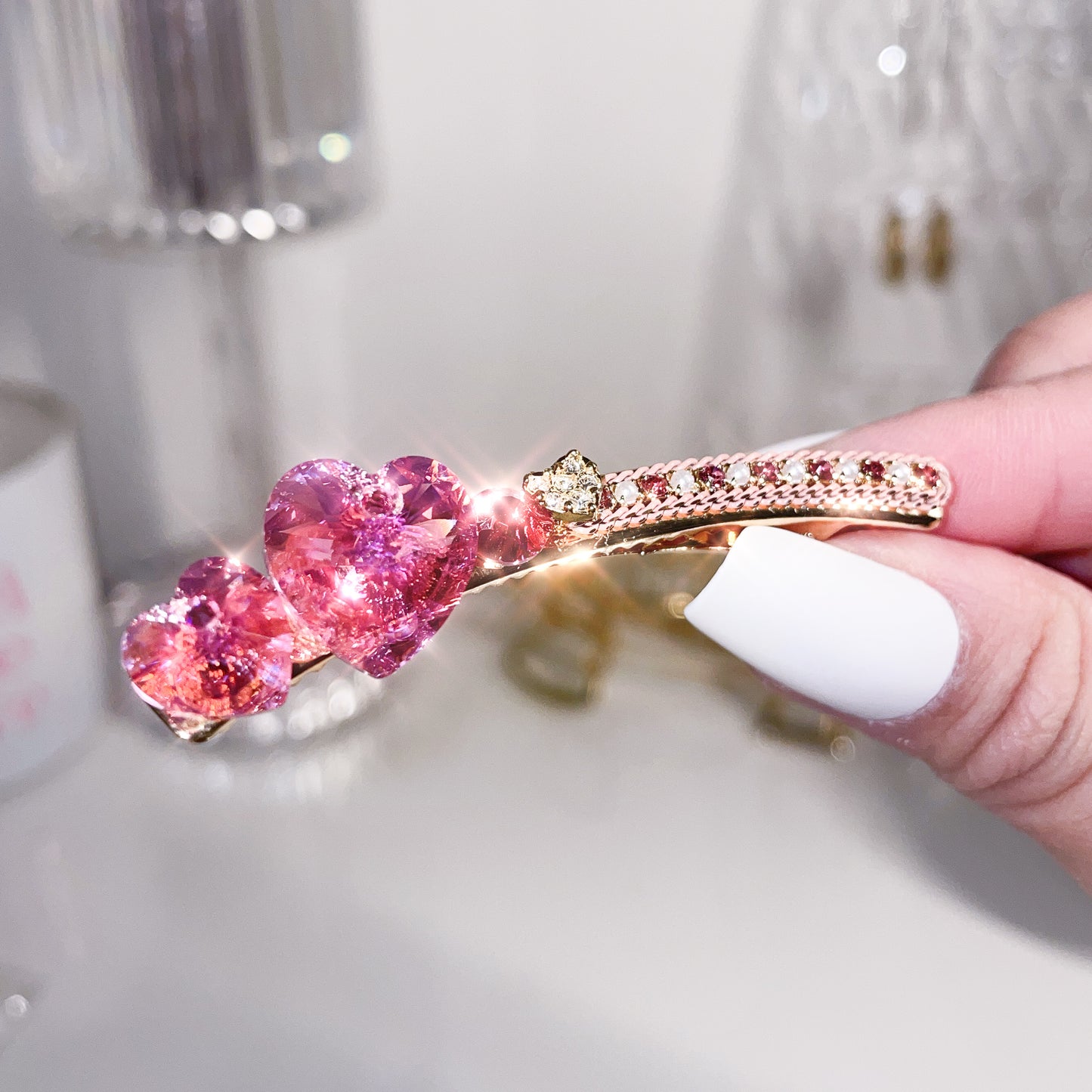 Swarovski Bling Rhinestone Pink Heart Adorable Hair Clip Cute Hair Pin