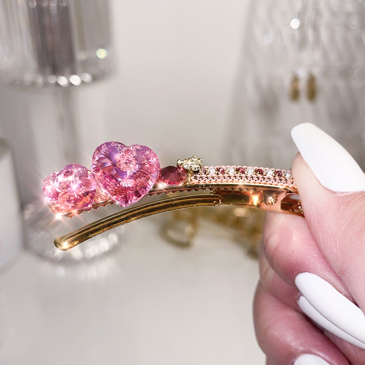 Swarovski Bling Rhinestone Pink Heart Adorable Hair Clip Cute Hair Pin