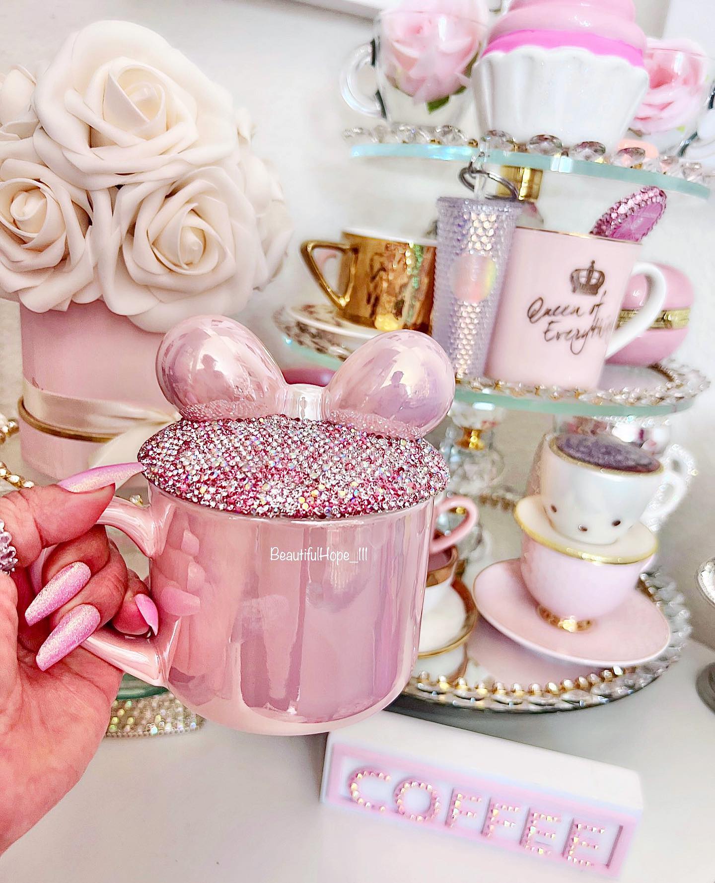 Beautiful Cute Bling Pink Ribbon Bow Mug Cup with the lid