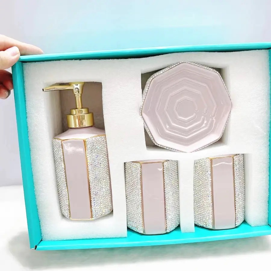 Luxurious Pink Gold White Rhinestones Bathroom Essentials 4PC Set