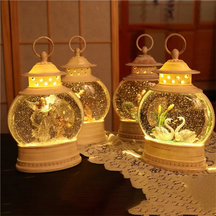 Classy Snow Globe Lantern Festive Falling Snow Light Up Lantern with Figure Swan