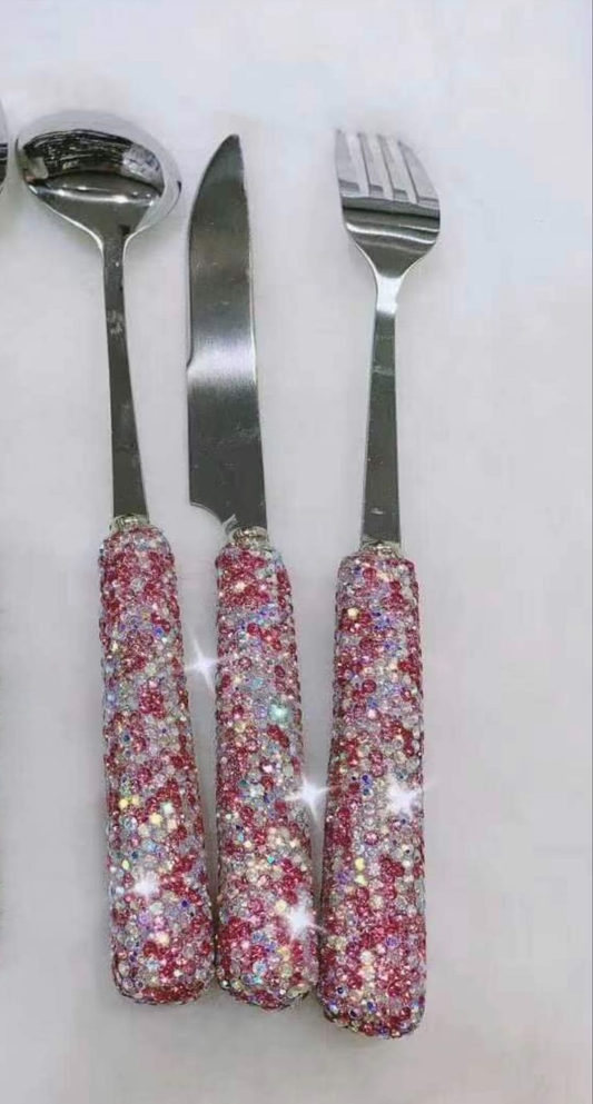 Pink Rhinestone Cutlery Utensil Set