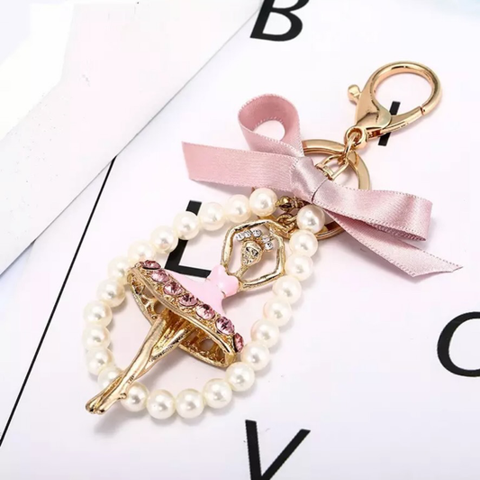 Bling Pearl Rhinestone Strap Loop Bow Pink Ballerina Ballet Girl Classy Keychain Pendant Keyring Car Key Holder Accessory