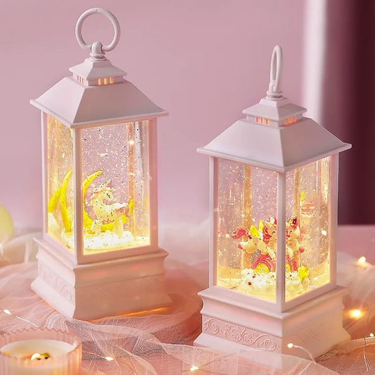 Rotating Beautiful Pink Snow Lantern Falling Shaker Snow Light Up Green House Moon Happy Pink Unicorn Music Box