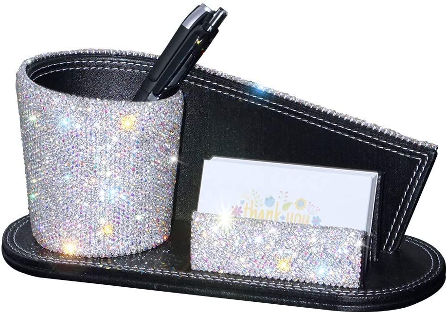 Pen Pencil Holder Business Name Cards Decorative Bling Crystal Rhinestone PU Leather Gift for Women Girls