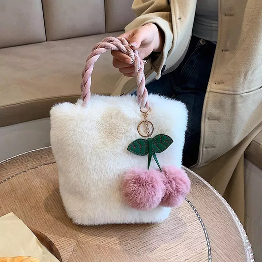 Fuzzy Adorable Cherry Keychain Braided Handles Shoulder Bag Gold Chain Strap Crossbody