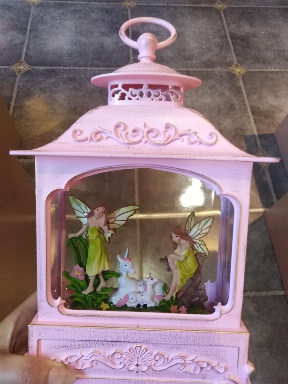 Snow Lantern Shaker Light Up Greenhouse Pink Fairy Unicorn Lantern, Mantelpiece