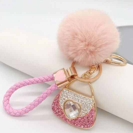 Adorable Heart Purse Bag Bling Rhinestone Keychain Keyring with Rope Strap and Pom Pom Ball Faux Fur Ball for Car Key