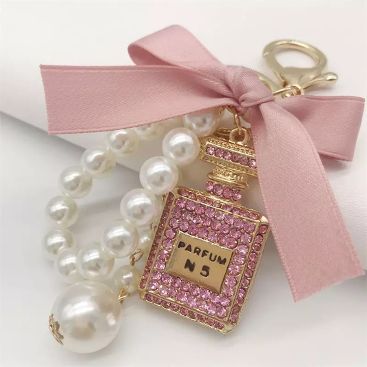 Bling Pearl Rhinestone Strap Loop Bow Pink Black Perfume Classy Keychain Pendant Keyring Car Key Holder Accessory