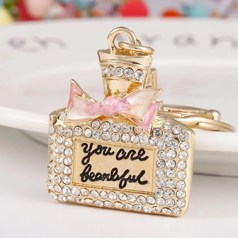 Bling Pearl Rhinestone Adorable Mini Pink Bow Heart Motivational Quote Car Key Ring Keychain Key Pendant Key Accessory
