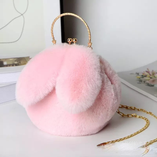 Plush Mini Rabbit Ear Round Fuzzy Crossbody Bag with Chain Shoulder Bag