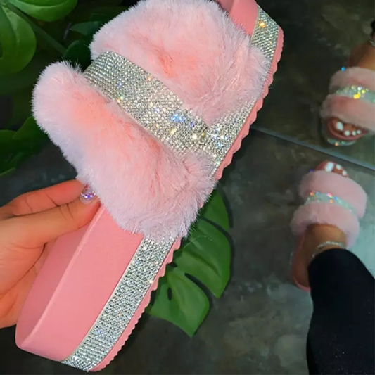 Pink Fuzzy Diamond Rhinestone Bling Platform Slide Sandals Slippers