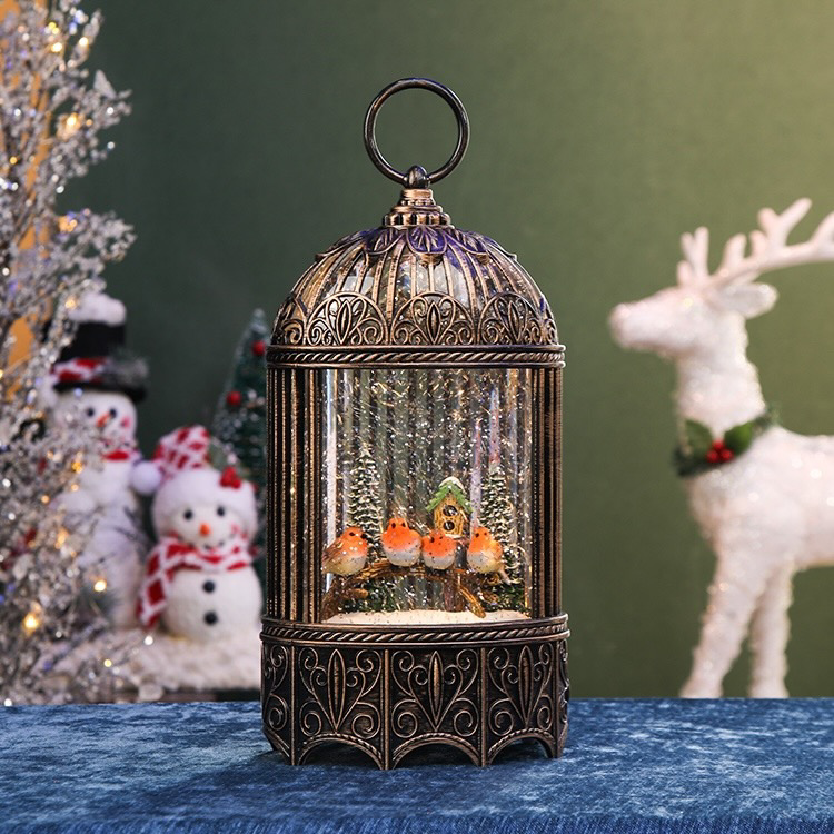 Classy Lovely Falling Snow Globe Birds Festive Music Box Light Up Lantern