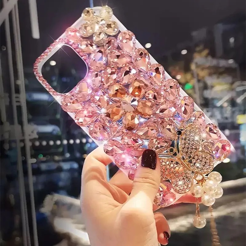 Bling Diamond Rhinestone Pink Apartment Flower Adorable iPhone 12/13/14 Pro Max Case