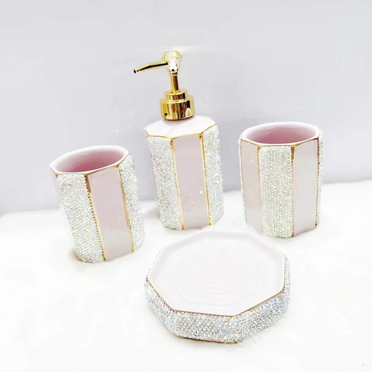 Luxurious Pink Gold White Rhinestones Bathroom Essentials 4PC Set