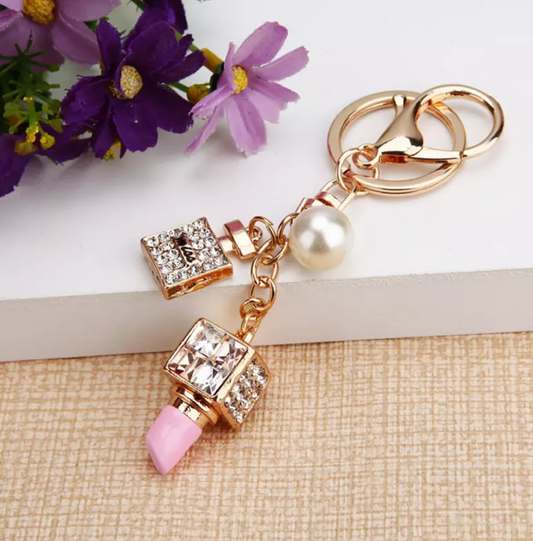Bling Pearl Rhinestone Adorable Mini Pink Lipstick Car Key Ring Keychain Key Pendant Key Accessory
