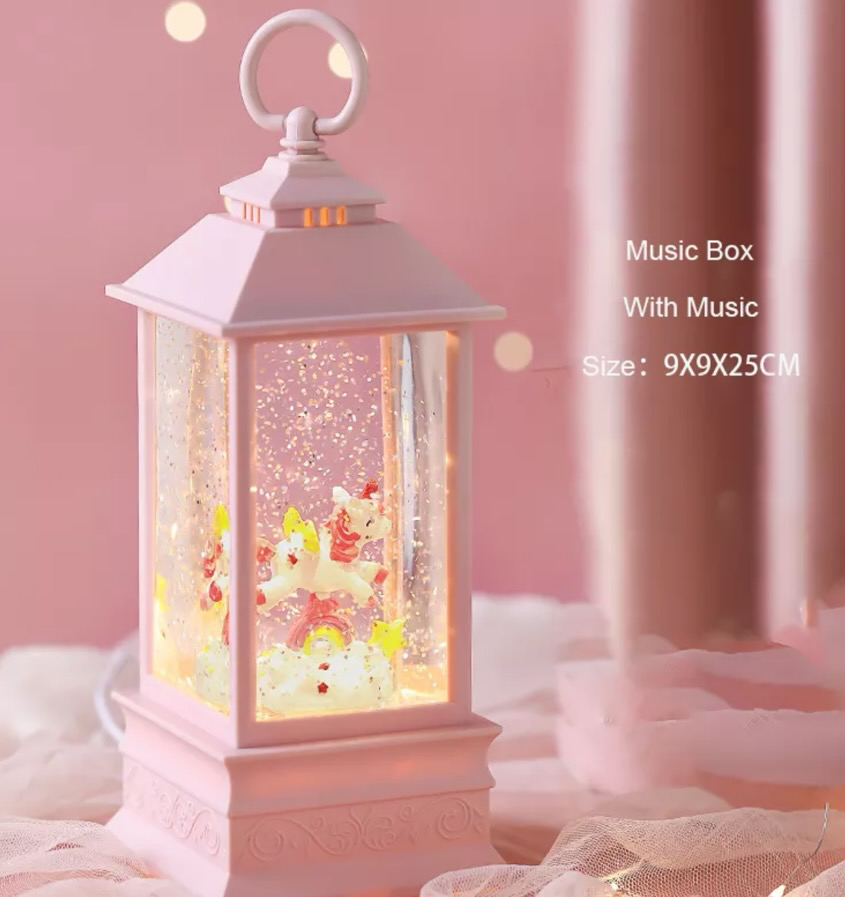 Rotating Beautiful Pink Snow Lantern Falling Shaker Snow Light Up Green House Moon Happy Pink Unicorn Music Box