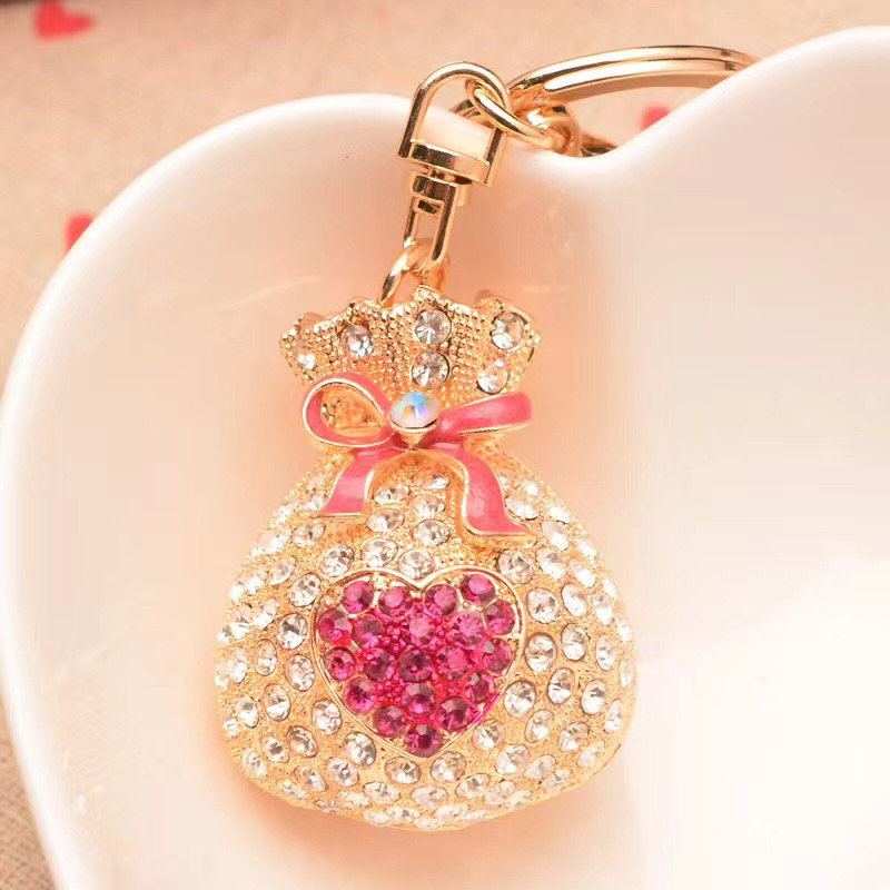 Adorable Gold Bag Pouch with Heart and Ribbon Bow Bling Rhinestone Keychain Keyring for Car Key