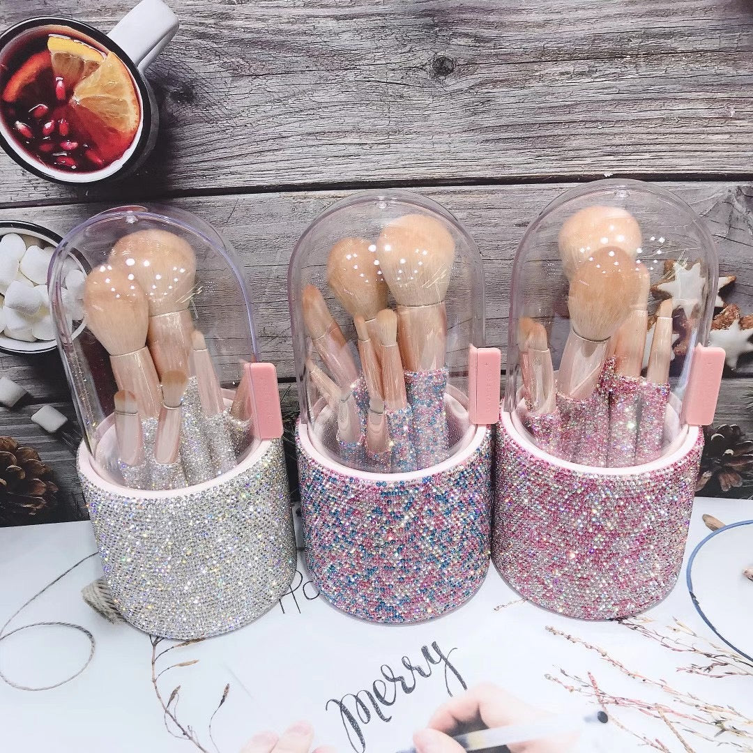 Bling Makeup Brush Holder with Lid Cap & Pearls