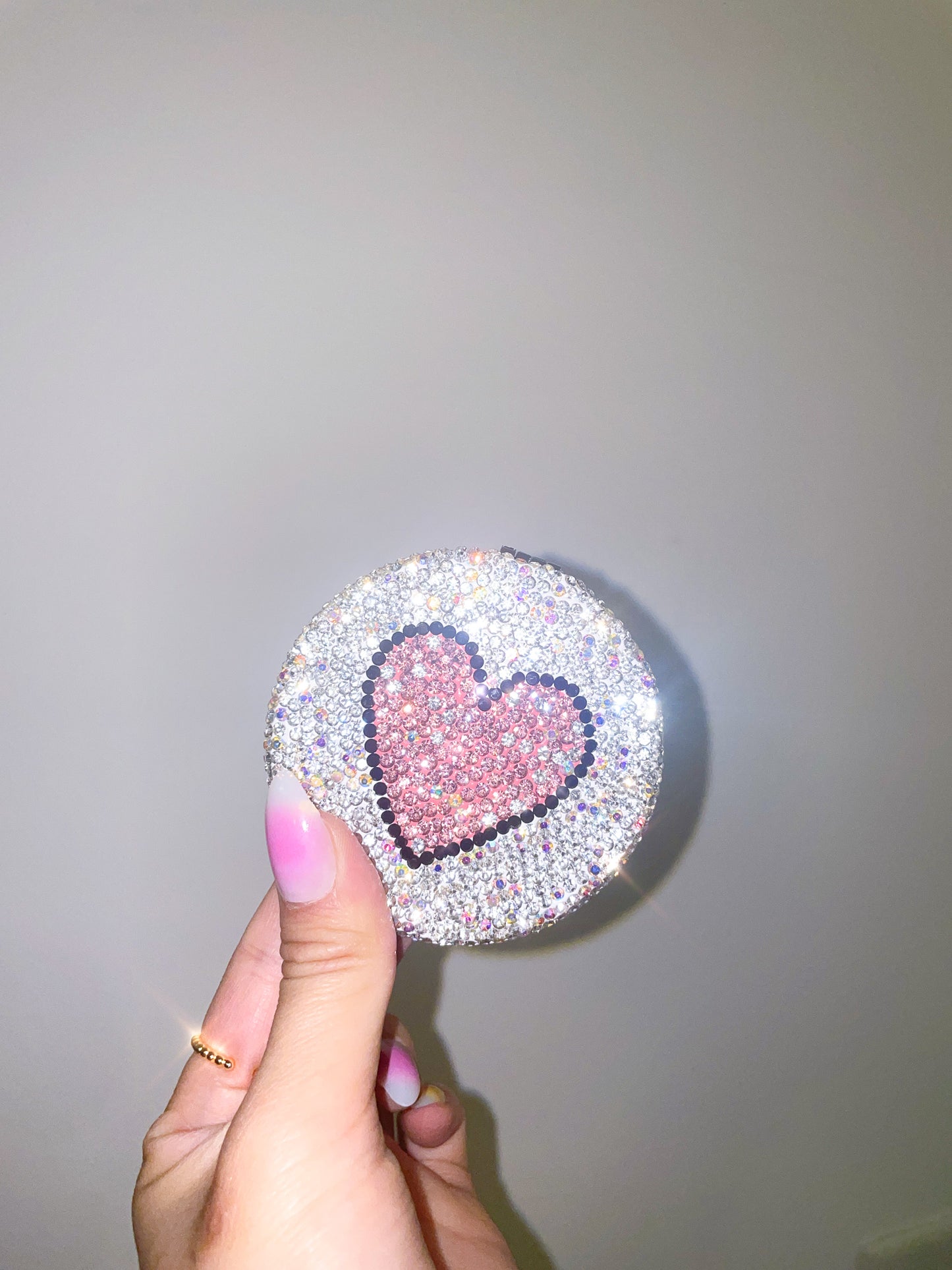 Bling Rhinestone Hand Held Travel Portable Mirror with Heart