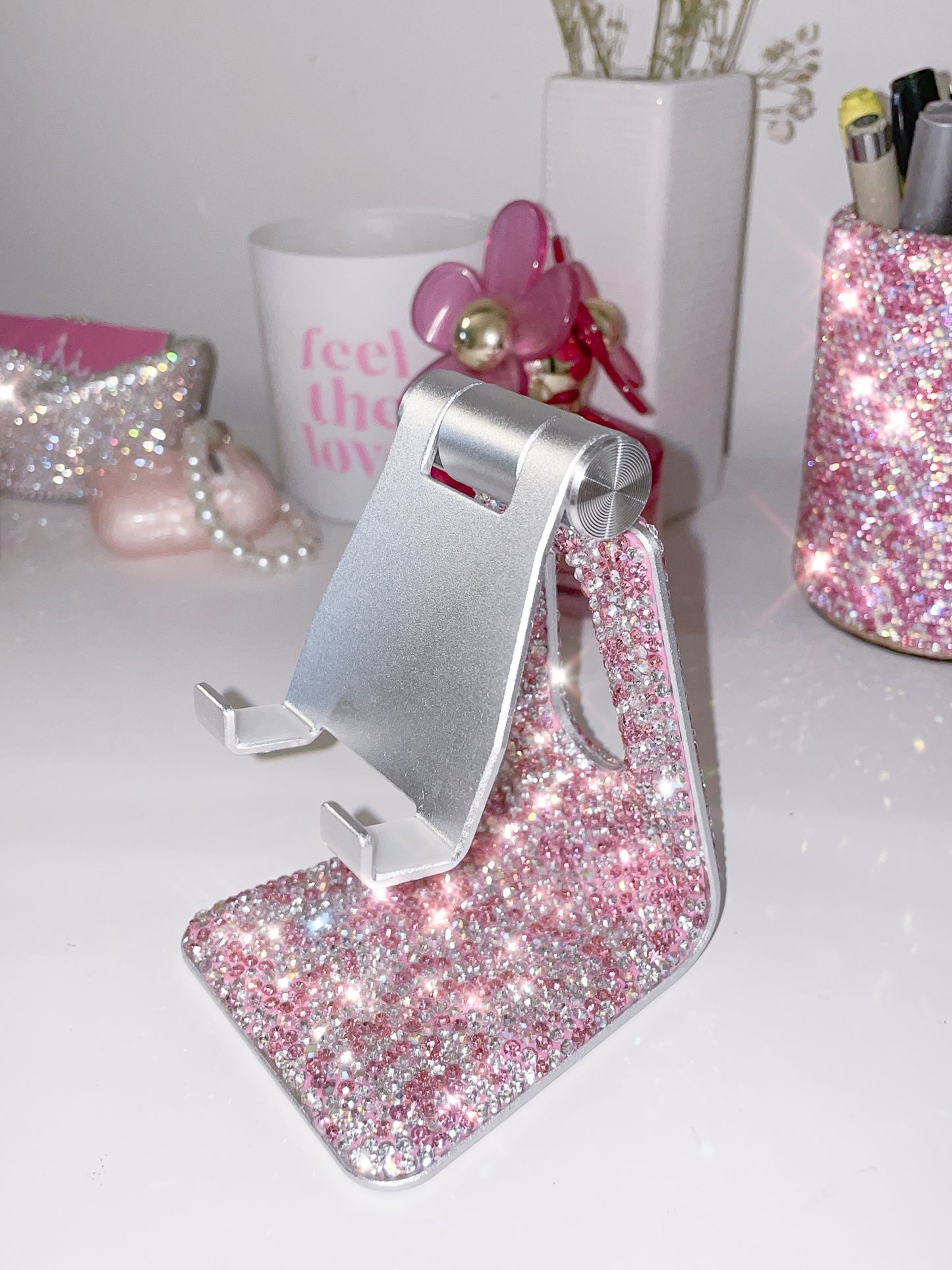 Bling Rhinestone Crystal Adjustable Cell Phone Stand, Phone Holder for Desk, Phone Desktop Holder Stand Compatible with iPhone IPAD Samsung Smart