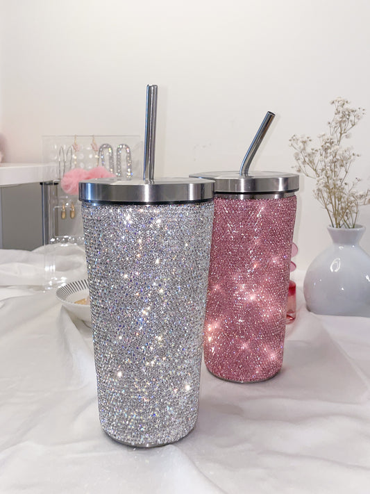 Pink and White Bling 15 oz Reusable Insulated Water Bottle Tumbler Mug with Steel Straw