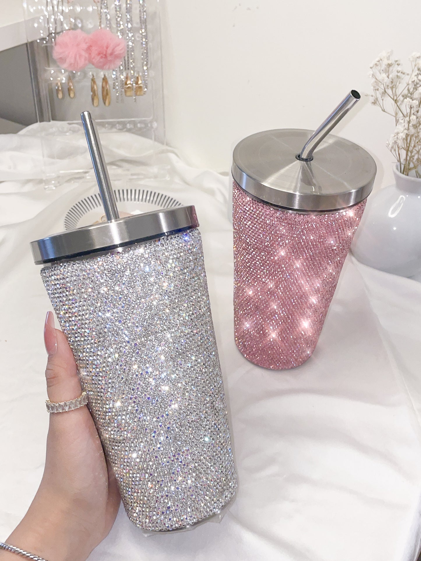 Pink and White Bling 15 oz Reusable Insulated Water Bottle Tumbler Mug with Steel Straw