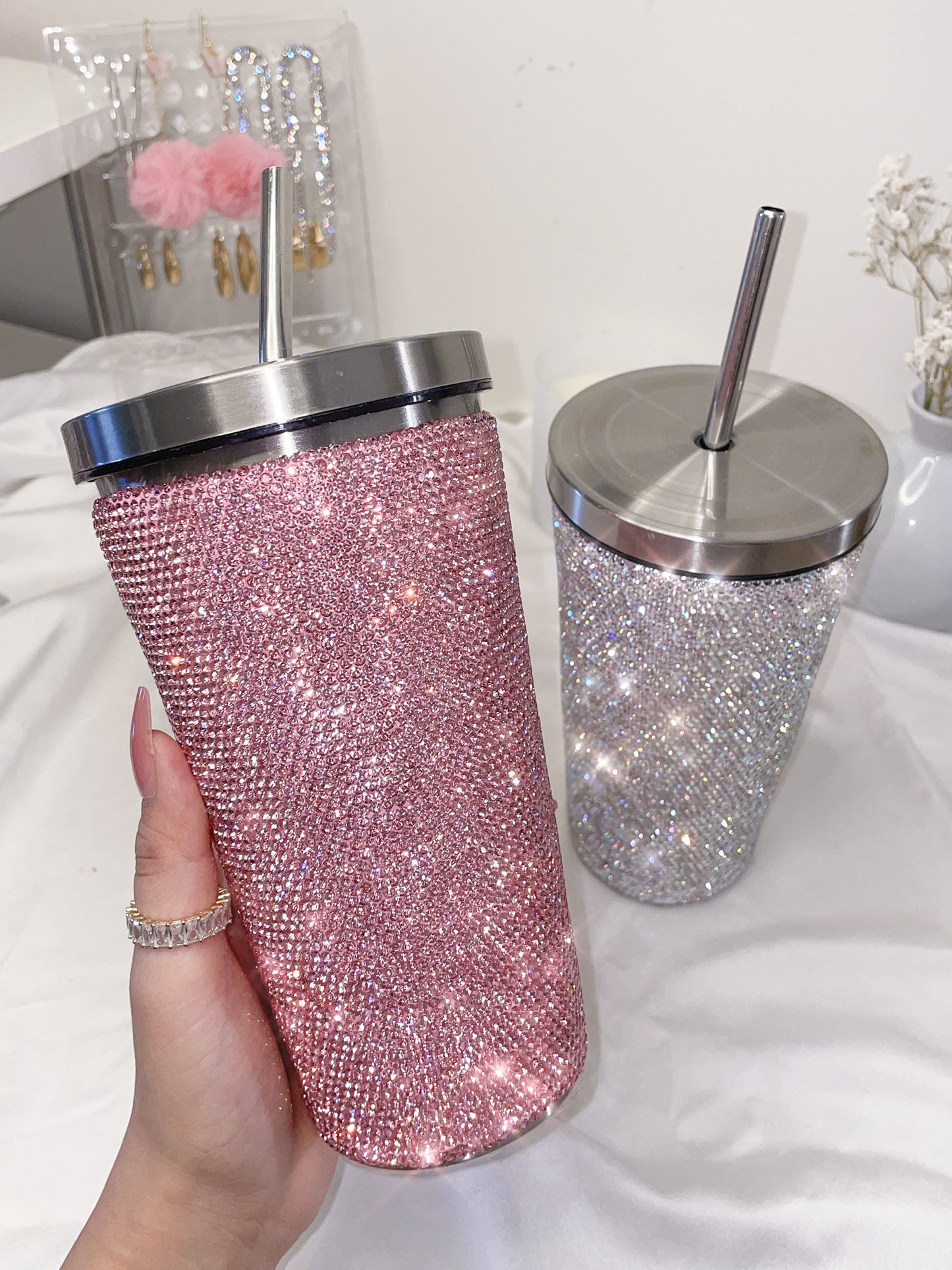 Pink and White Bling 15 oz Reusable Insulated Water Bottle Tumbler Mug with Steel Straw
